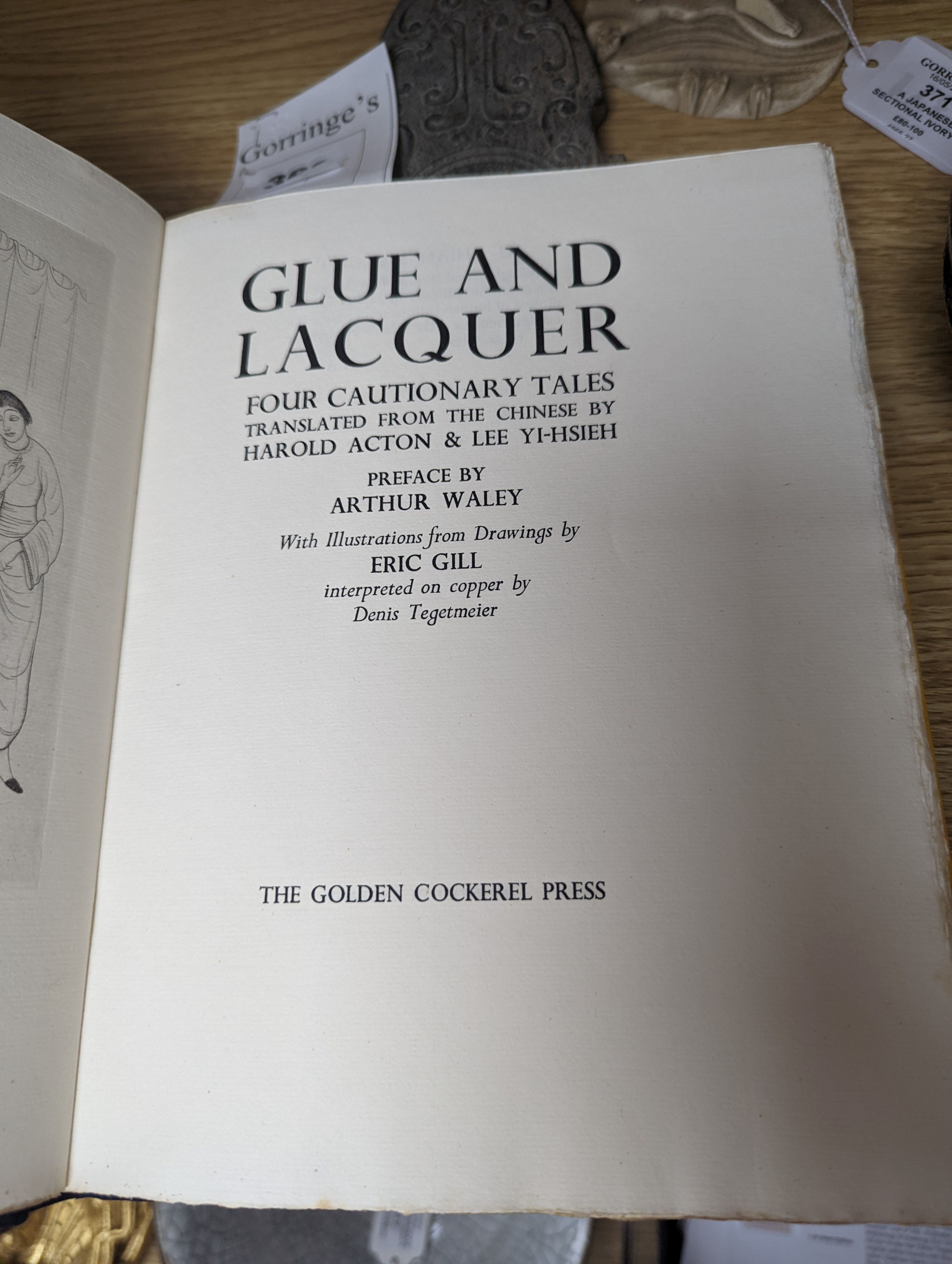 Golden Cockerel Press - Glue and Lacquer, one of 350, illustrated with 5 copper engravings of drawings Eric Gill, executed by his son-in-law-law Denis Tegetmeier, 4to, original yellow boards with blue morocco spine, Walt